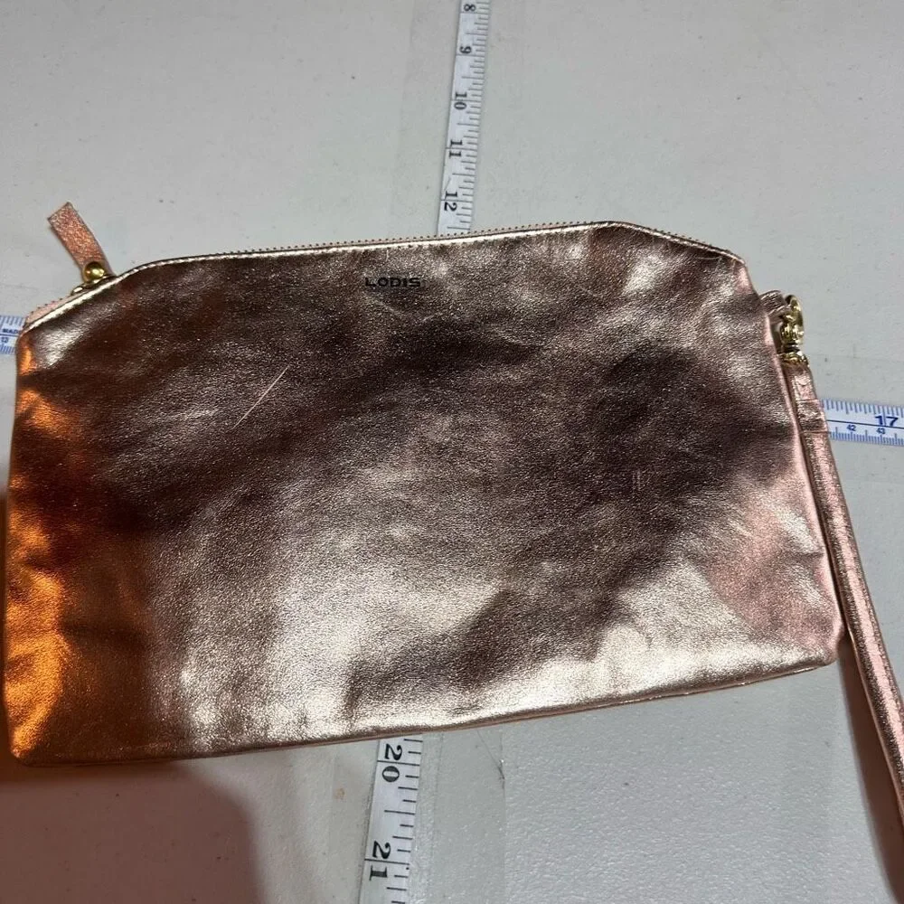 Lodis Rose Gold Metallic Leather Clutch Wristlet‎ Cosmetic Makeup Bag Toiletries